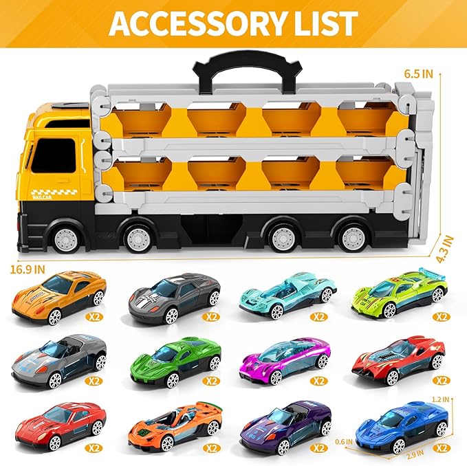 78-Inch Cars Trucks Toys for Toddler 1-3 2-4 3-5 4-7 Years Old Boys Kids, Transport Truck Toys with 24 Pcs Die-Cast Cars, Toys Gifts for 3 4 5 6 Year Old Boys, Toddler Boy Toys Ages 3-5 4-7