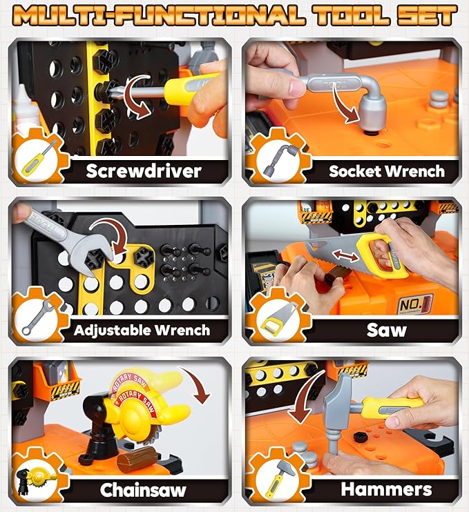 Lehoo Castle Toddler Tool Bench with Electric Drill & Take Apart Construction Vehicles, 2-in-1 Workbench & Toolbox for Kids, Toy Tool Set for Toddlers Age 3, Birthday Festival Gift for Boys & Girls