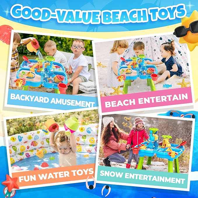 BELLOCHIDDO Water Table for Toddlers 1-3 - 4 in 1 Kids Play Water and Sand Outdoor Activity Sensory Playset with 12 Pcs Toys - Summer Beach Pool Backyard Garden Gifts for Boys Girls 1.5+ Years Old