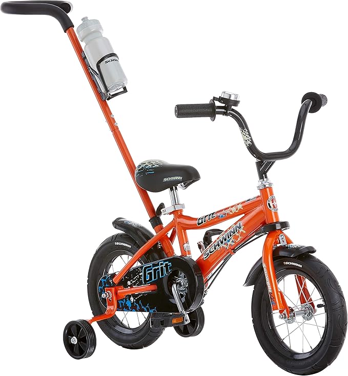 Schwinn Grit and Petunia Push Steer and Ride Kids Bike, For Boys & Girls Ages 2-4 Year Old, Rider Height 28-38 Inch,12-Inch Wheels, Training Wheels, Detachable Push Handle with Water Bottle & Holder