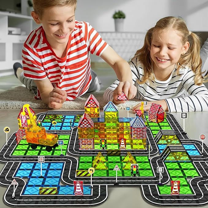 Magnetic Tiles Road Set, Magnetic Blocks Building Toys for 3+ Year Old Boys Girls, Magnet Construction Toys Preschool Educational Kids Magnet Tiles for Toddlers 3-5 4-8 (Magnetic Tiles City Set)