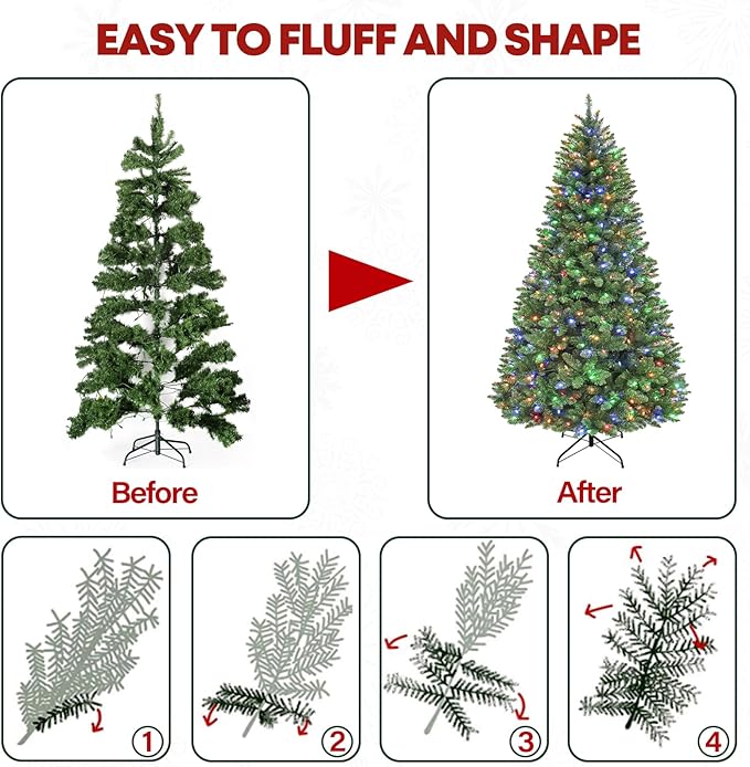 7.5 ft Lighted Christmas Tree, Artificial Christmas Tree with 450 Multicolor LED Lights, 1450 Tips, Metal Stand and Hinged Branches for Holiday Decor, 10 Modes