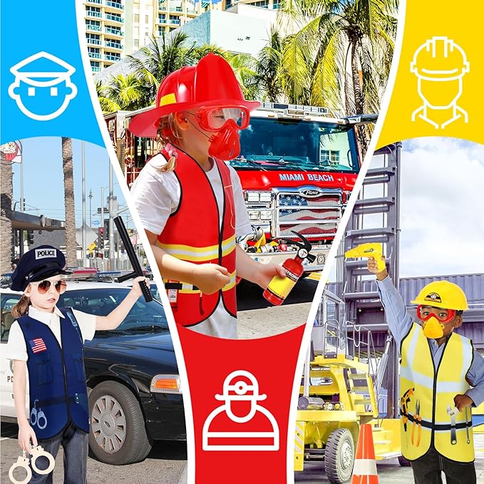 Bonuci 3 Sets Kids Dress up for Play Age 3-7 Years Old,dress up Costumes Vest Set Police,fireman and Worker for Toddler Kids Boys Pretend Role Accessories