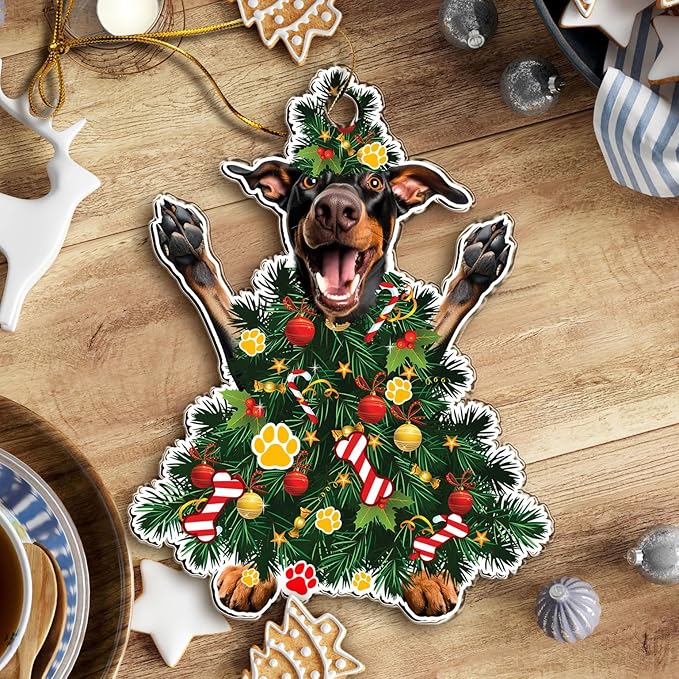 2025 Doberman Pinscher Christmas Tree Ornament - Festive Holiday Acrylic Hanging Decoration with Adorable Doberman Dog - Doberman Dog Christmas Tree Topper Ornament