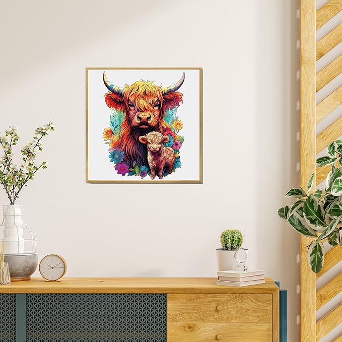 WOODBESTS Wooden Puzzle for Adults, Highland Cattle Family Puzzle (M, 170pcs, 9.2"x11.4") Beautiful Wooden Box, Wooden Jigsaw Puzzles Unique Shape, Birthday Gifts for Adults and Kids Family Game