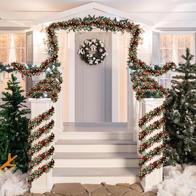 50FT Christmas Tinsel Garland - Metallic Tinsel Twist Garland for Christmas Tree Decorations,Holiday Home Indoor Outdoor Party Supplies (Green and Red)