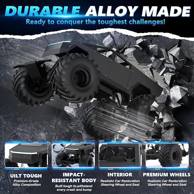 INGQU® 1:8 Big Monster Truck Toys, XXX-Large Alloy 4WD Off Road Remote Control Truck with 3 Powerful Motors LED Headlight, 2.4GHz All Terrain Rock Crawler RC Truck for Boys Kids Age 6 7 8 9 10-12+