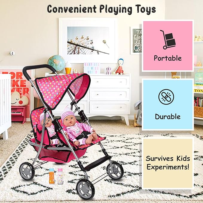 Toy Doll Stroller - Pretend Play Doll Stroller for Dolls - Toy Stroller with Storage Basket for Doll Accessories Set - Polka Dot Design Stroller Toy for Kids