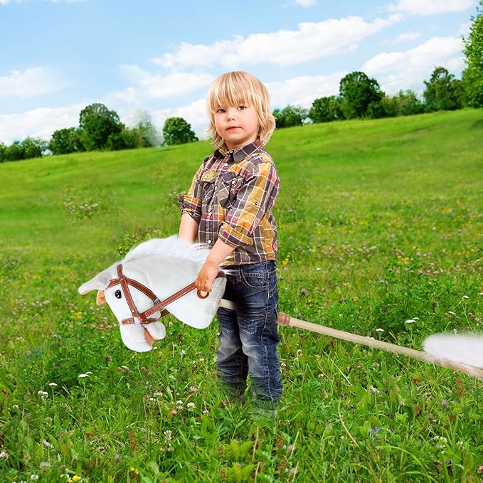 Plush Stick Horse with Wood Wheels Real Pony Neighing and Galloping Sounds Plush Toy, Stick Pony Provides Fun Pretend Play for Toddlers & Preschoolers (AA Batteries Required)