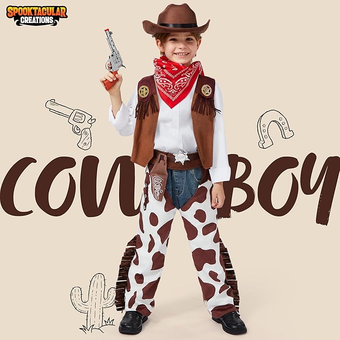 Spooktacular Creations Halloween Cowboy Costume for Boys, Kids Brown White Western Costume, Deluxe Cowboy Outfit Set with Hat for Toddler Halloween Dress-up, RolePlay Themed Party (Large, 10-12 yrs)