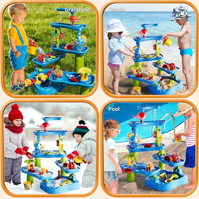 5-Tier Water Table for Toddlers Kids 3-5 4-8, Sand and Water Play Set with Rain Showers Pond, Summer Outdoor Toys Beach Toys Water Sensory Table, Birthday Party Gifts for Kids Boys Girls