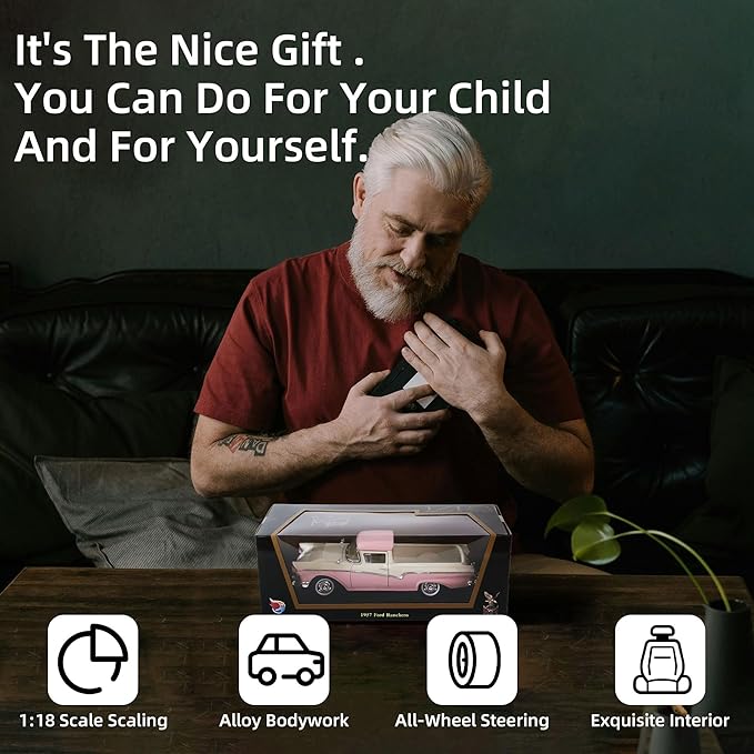 1957 Ford Ranchero 1:18 Diecast Model Officially Licensed Alloy Collection Car w/Working Doors & Hood, Classic Pickup Best Gift for Men, Dad & Kids 14+ Years (Pink)