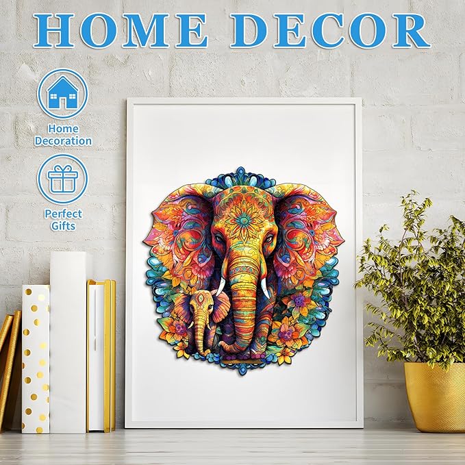 Wooden Puzzles for Adults, Mandala Elephant (M-200pcs) Wooden Jigsaw Puzzles Kids, 9.6 * 9.3in Unique Shaped Animal Wood Puzzles Adults, Fathers Birthday Family Games