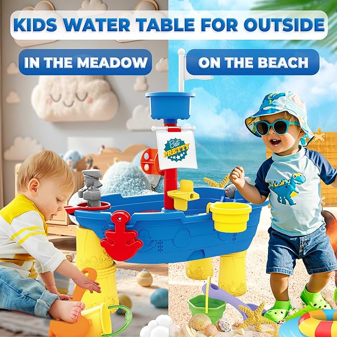 BELLOCHIDDO Water Table for Toddlers 1-3 - Ship Beach Toy Boat for Toddler, Summer Toys Kids Water Play Table & Sandbox, Water Toy Accessories for Boys Girls