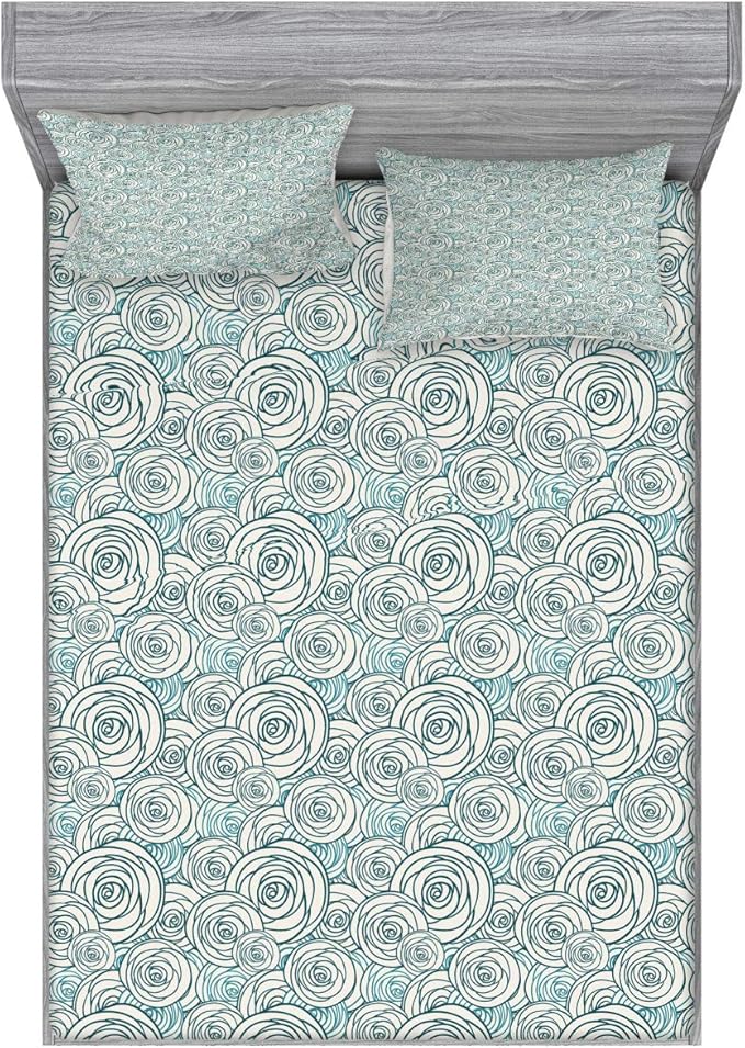 Ambesonne Rose Fitted Sheet & Pillow Sham Set, Doodle Style Outlines of Rose Blossoms Spring Nature Inspired Artwork, Decorative Printed 3 Piece Bedding Decor Set, Full, Dark Teal Teal and Cream