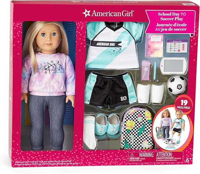American Girl Truly Me 18-inch Doll 27 & School Day to Soccer Play Playset with Supplies, Uniform, and Ball, For Ages 6+