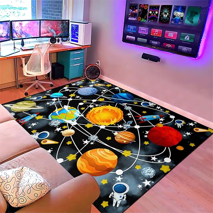 Universe Planet Area Rugs Outer Space Rugs for Boys Bedroom Educational Sofa Floor Mat Galaxy Solar System Theme Throw Rugs for Indoor Outdoor Carpets Crystal Polyester Mats Oversized, 4'5''×6'
