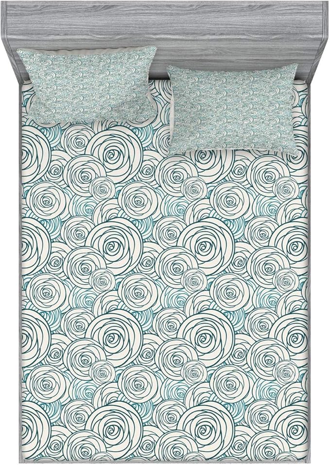 Ambesonne Rose Fitted Sheet & Pillow Sham Set, Doodle Style Outlines of Rose Blossoms Spring Nature Inspired Artwork, Decorative Printed 3 Piece Bedding Decor Set, Queen, Dark Teal Teal and Cream