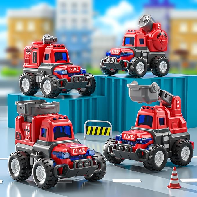 Fire Trucks Toys for Toddlers 3-5, 4 PCS Car Trucks for Toddlers Boys Girls with Flexible Joints, Kids Toddlers Toys for 3 4 5 6 Years Old Boys Girls Birthday Gifts
