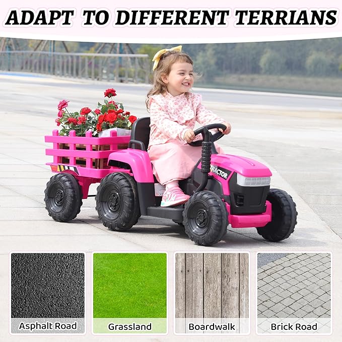 TOBBI Kids Electric Ride On Toy Tractor, 12v Battery-Powered 4 Wheels Ride On Car with Trailer, 35W Dual Motors/3-Gear-Shift/LED Lights/USB Audio Functions for Toddlers 3-6 Years-Rose Red