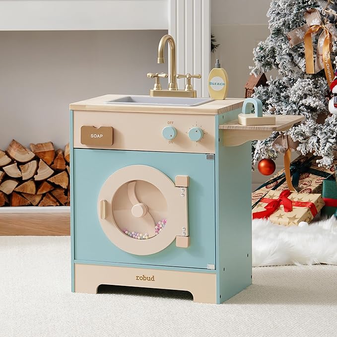 ROBUD Wooden Laundry Playset, Washer and Dryer Set for Kids, Realistic Pretend Play Washing Machine with Basket, Iron, Soap, Bleach, Laundry Detergent, Gift for Boys & Girls, Ages 3+