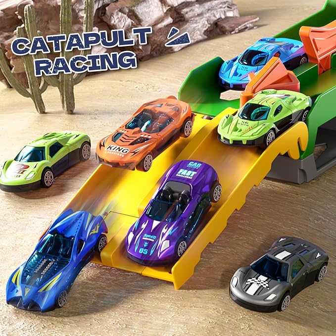 Toddler Car Truck Toys Gifts for 3 4 5 Years Old Boys, Dinosaur Transport Truck Cars Tracks Toys with 12 Pcs Die-Cast Cars, Transforms into Dino, Toy Gifts for 3 4 5 6 Year Old Boys