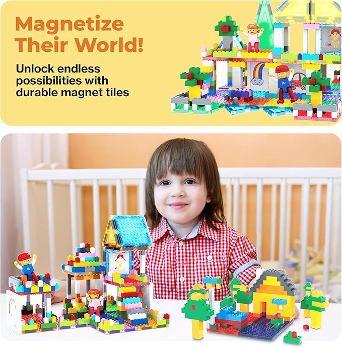 PicassoTiles 585pc Kids Activity Table with Magnetic Tiles and Bricks STEM Pretend Play Learning with Reversible Brick Whiteboard Tabletop Storage Bins and Extra Add-On Toys Boys Girls Ages 3+ PBT585