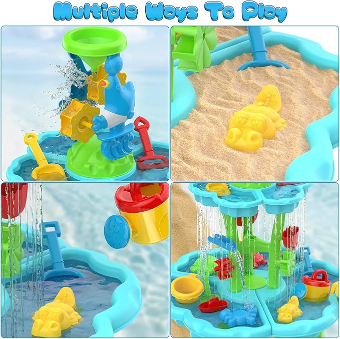 Kids Flower Water Sand Table for Toddlers - 2-Tier Outdoor Water Sand Play Table Toys for Boys Girls, Summer Splash Activity Sensory Table Party Birthday Gift for Kids 3-5 6-12