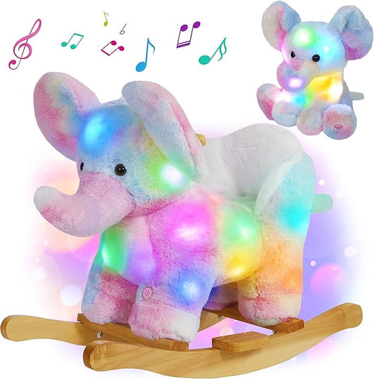 Glow Guards Musical Elephant Baby Rocking Horse Set with Rainbow Plush Toy, Wooden Chair for Toddlers Girls & Babies Age 1-3