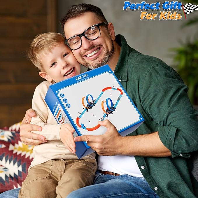 Toy Car Race Track Set for Boys Kids Age 3-5 4-7, Race Tracks with 4 Crash Zones and 1:64 Scale High-Speed Slot Cars, Christmas Halloween Birthday Gifts Toys for Toddlers Boys 4-8 8-12 Years