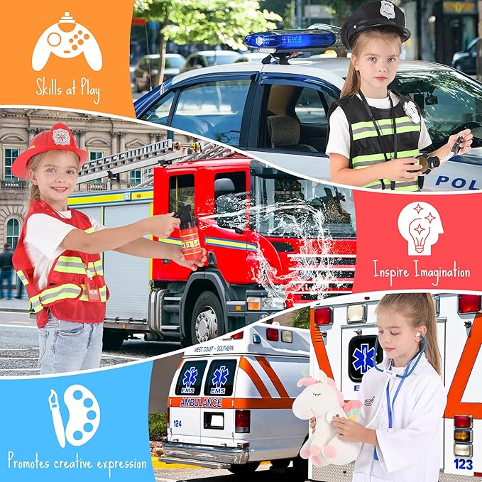 Fedio Kids Dress up Trunk Boys Role Play Costume set for Kids age 3-7, Doctor,Police, Fireman Costume with Accessories for Dress up