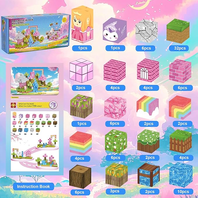Magnetic Blocks - 110PCS Magnets Building Blocks World Set for Kids Ages 3-5 5-7 8-12, Magnetic Tiles Game Preschool Toys for 3 4 5 6 Year Old Girls Boys Gifts (Rainbow Home)
