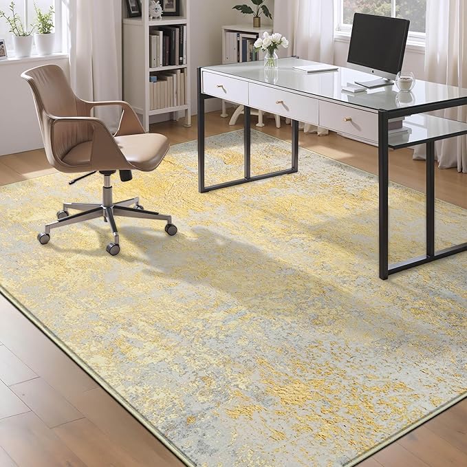 Ompaa Living Room Rug 8x10 Area Rugs Washable Abstract Boho Large Carpet Non-Slip Non-Shedding Faux Wool Indoor Vintage Rug for Bedroom, Classroom, Dining Room, Kids Playroom (Orange, Silver & Gray)