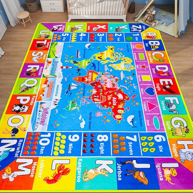 World Map ABC Kid Rug for Playroom Geography 59"×39.4" Classroom Play Rug Educational Baby Playmat Alphabet Rug Primary School Fluffy Ployester Non-Slip Preschool Rug Nursery Room Elementary Learning