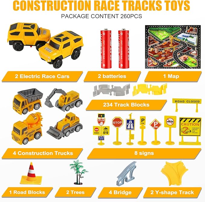 260 PCS Construction Race Tracks for Kids Toys, 2 Electric Cars, 4 Construction Cars, 1 Map & Flexible DIY Track Set, Engineering Toys for 3 4 5 6 Year Old Boys Girls
