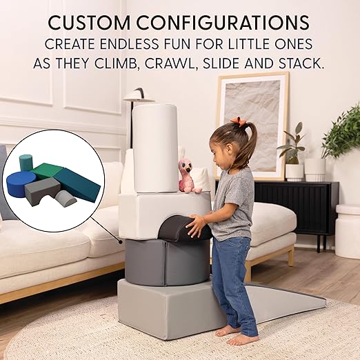 FDP SoftScape Playtime and Climb Multipurpose Playset for Infants, Toddlers 10m-2yrs; For Crawlers and Little Builders, Learn Gross Motor Skills at Home or Daycare (6-Piece)- Navy/Orange 12364-NVOR