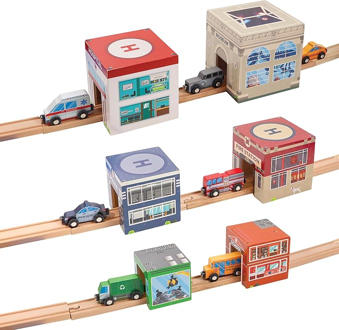 6 Wooden Stacking City Buildings - Nesting Community Helpers Building Boxes - Wood Sorting Cubes Town Play Set for Mats, Toy Cars and Trains - Educational Preschool Track Accessories Learning Toddler