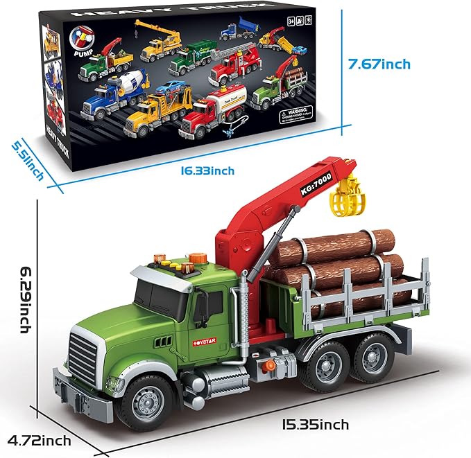 Dwi Dowellin Kids Toys for 3 4 5 6 7 Years Old Boys,15" Large Timber Truck with Loading Crane and 6 Trunks,Birthday Gifts for Boy Toddler Child