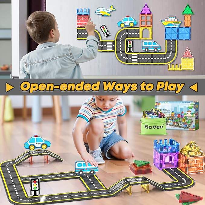 Soyee Magnetic Tiles Road Cars Set Magnetic Building Blocks Boys Toys Ages 3 4 5 6 7 8 Sensory Preschool Construction Toddler Toys Gifts for 3+ Year Old Boys Girls