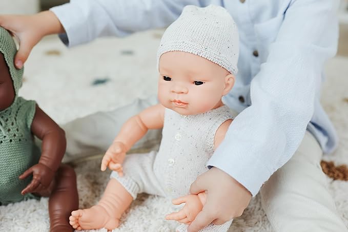 Miniland Clothes for Dolls 15 3/4'' Knitted Outfit Rompers & Bonnet - ECO, Made in Spain, Quality, Role Play, Educational