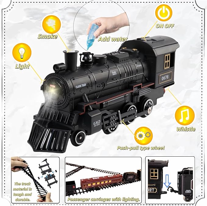 Train Set Train Toys for Kids w/Smokes, Lights & Sound Electric Trains w/Steam Locomotive Train Carriages & Luxury Tracks Model Trains for 3 4 5 6 7 8+