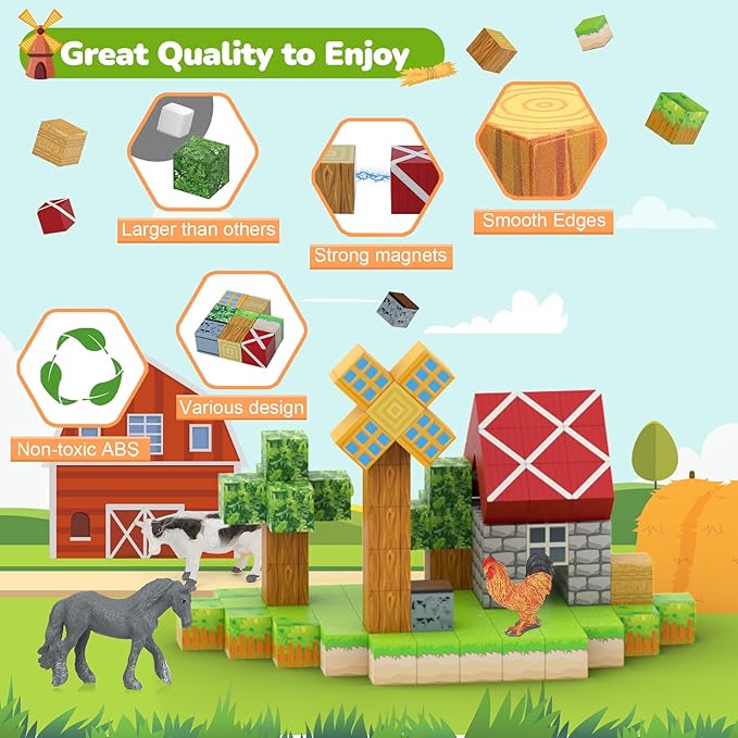 Magnetic Blocks 110PCS with 6 Animal Toys, Farm Building Blocks Set, Toys for Boys & Girls Age 4-6, 6-8, Stacking Building for Toddlers Sensory for Kids 3+