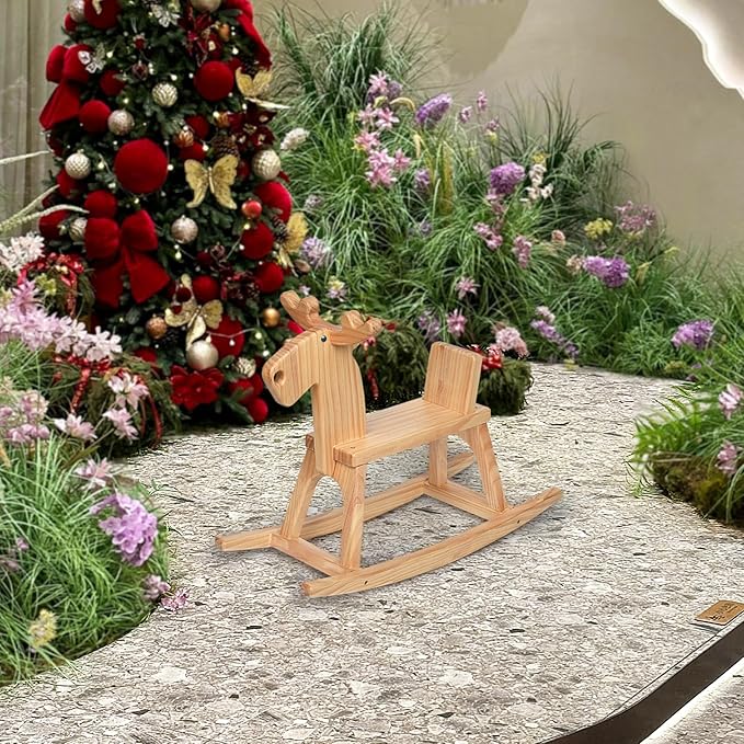 Kid Wooden Rocking Horse, Baby Ride On Toy Rocker for Toddler, Rocking Reindeer w/backrest Ideal Birthday Christmas/Birthday Gift for Boys & Girls (Natural)