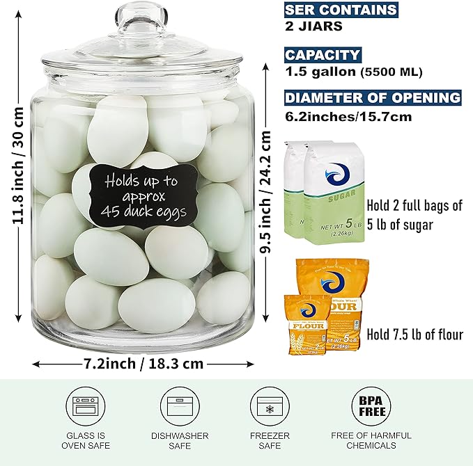 1.5 Gallon Glass Canister, 2 Pack Cookie Jar & Candy Jar with Airtight Lid, Heavy Duty Glass Canisters for Kitchen, Suitable for Flour, Sugar, Rice, Pasta, Beans, Laundry Room Storage