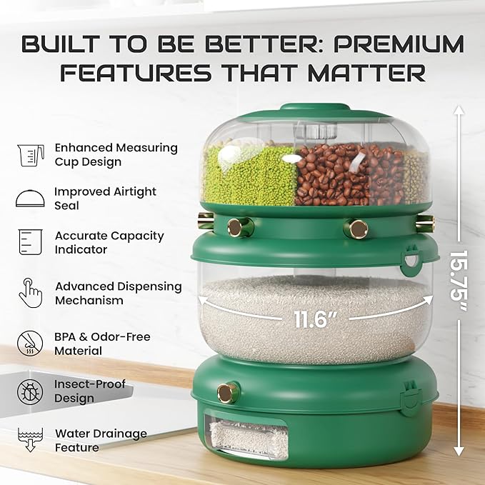 Airtight Rice Container Dispenser- Rotating Rice Dispenser with Strainer, 6 Grain Holding Options- Versatile Grain Storage Container for Pantry, Food Bucket for Cereal, Beans, Oatmeal (White)