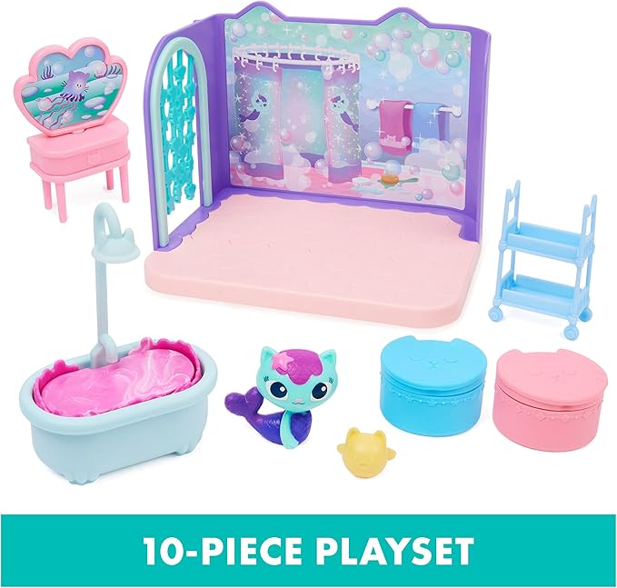 Gabby's Dollhouse, Primp and Pamper Bathroom with Mercat Figure, 3 Accessories, 3 Furniture and 2 Deliveries, Kids Toys for Ages 3 and up