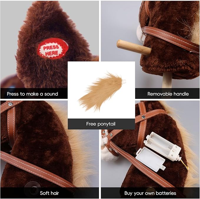 Plush Stick Horse with Wood Wheels Real Pony Neighing and Galloping Sounds Toy, Horse on A Stick Provides Fun Pretend Play for Toddlers & Preschoolers (AA Batteries Required)