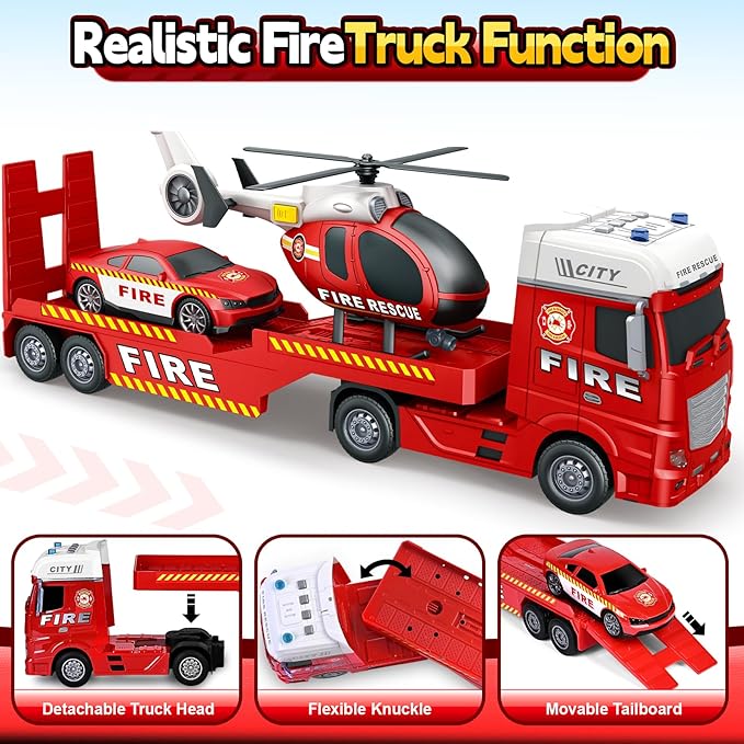 SpringFlower Large Fire Truck Toy with Racing Car and Helicopter, 3 in 1 Lights & Sounds, Christmas & Birthday Gift for Kids 3-6 Years