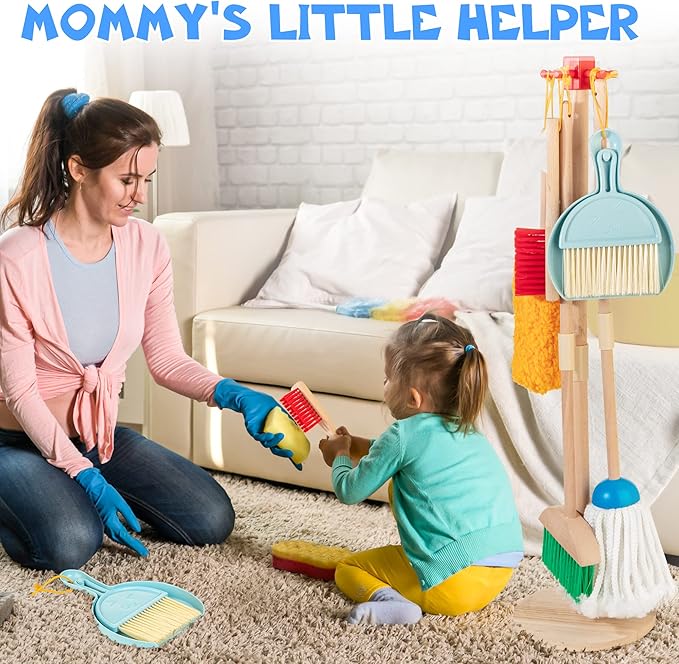 Wooden Kids Cleaning Set for Toddlers,8 Pieces Montessori Cleaning Toys with Kids Broom and Mop Set, Housework Pretend Play Toy Gift for Boys Girls Ages 3+