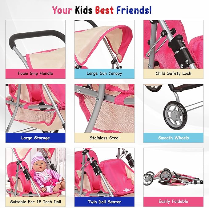 Fash n kolor, Twin Doll Double Stroller | Pink & Off-white Design Easy to Fold Double Stroller with Basket in The bottom